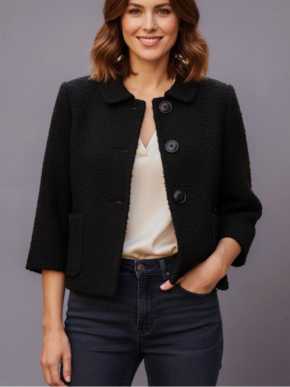 J.Crew Black Bouclé Wool-Blend Cropped Blazer – Peter Pan Collar – Size 8